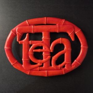 Red Enamel Coated Cast Iron TEA Trivet Bamboo Influence